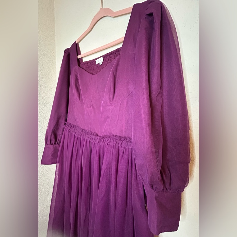 Ivy City Co Florence Dress Plum XL Puff Sleeve Smocked Purple Maxi Midi Tulle - Picture 11 of 16